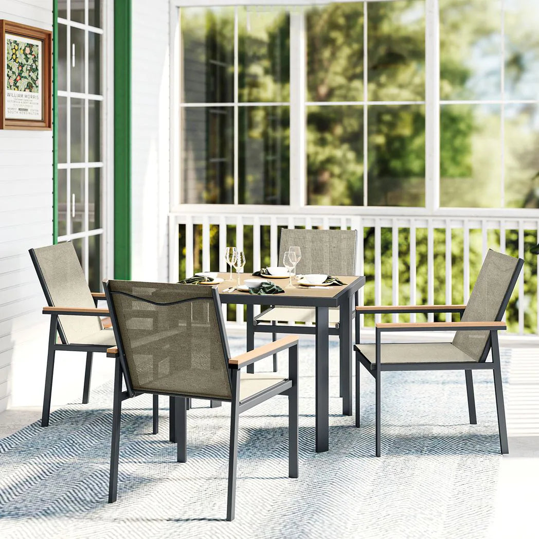 Outsunny 5 Piece Garden Dining Set with Tempered Glass Table and 4 Armchairs, Khaki