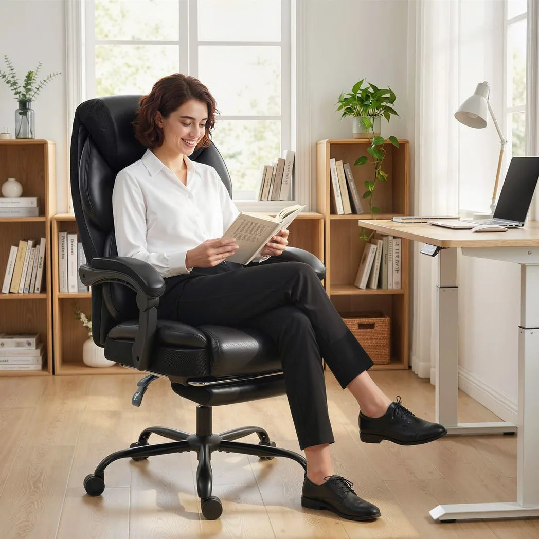 HOMCOM Reclining Office Chair with Footrest, Linkage Armrests and Casters – PU Leather Desk Chair, Black