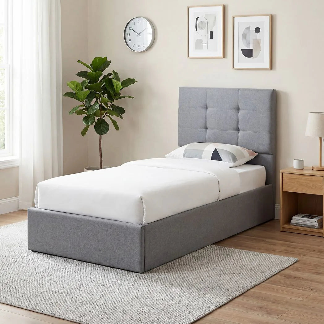 HOMCOM 3ft Single Ottoman Bed with Gas Lift Storage and Upholstered Headboard – Linen-Look Bed Frame, Grey