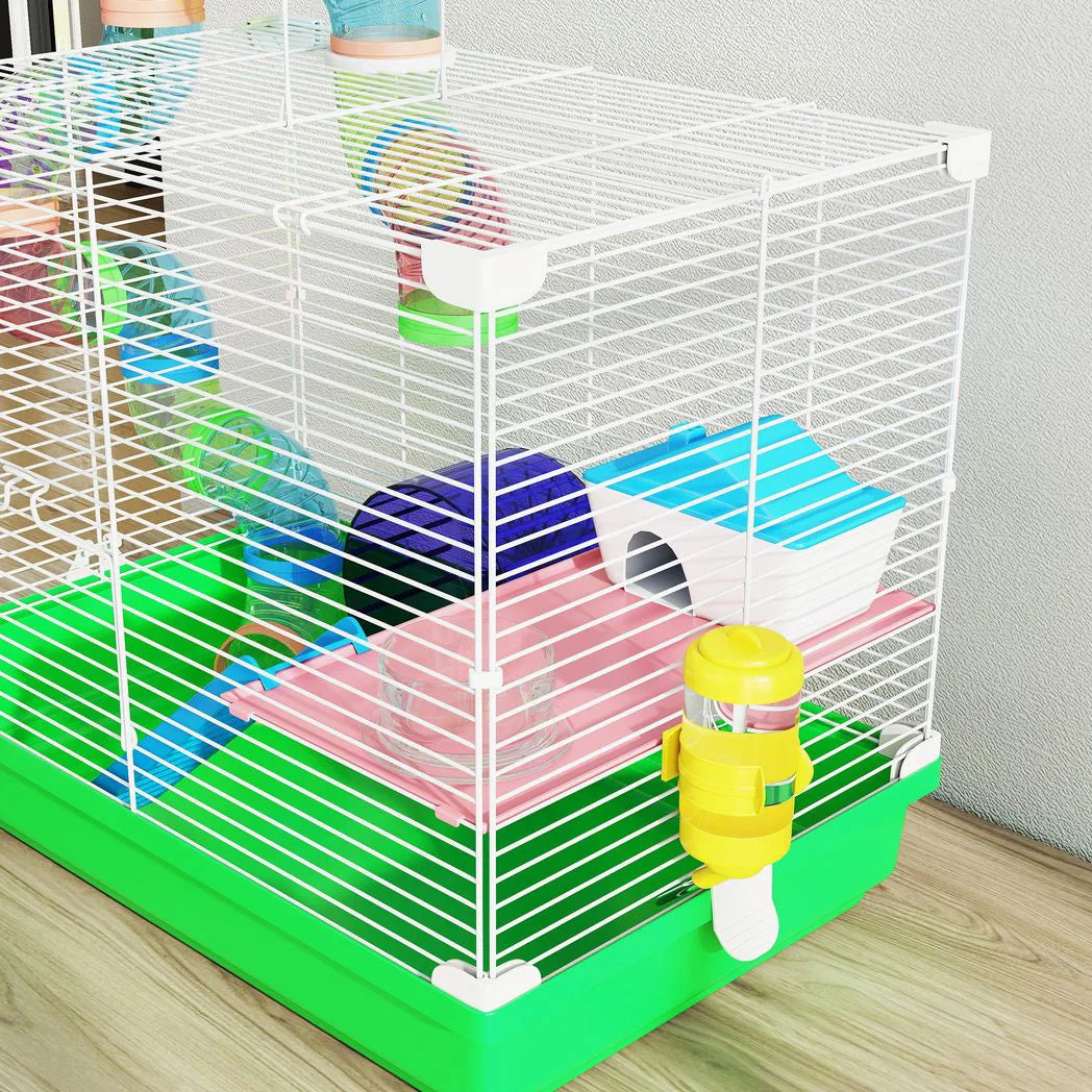 PawHut 2 Tier Hamster Cage with Handle, Exercise Wheel and Tunnel – Small Pet Home for Dwarf Hamsters