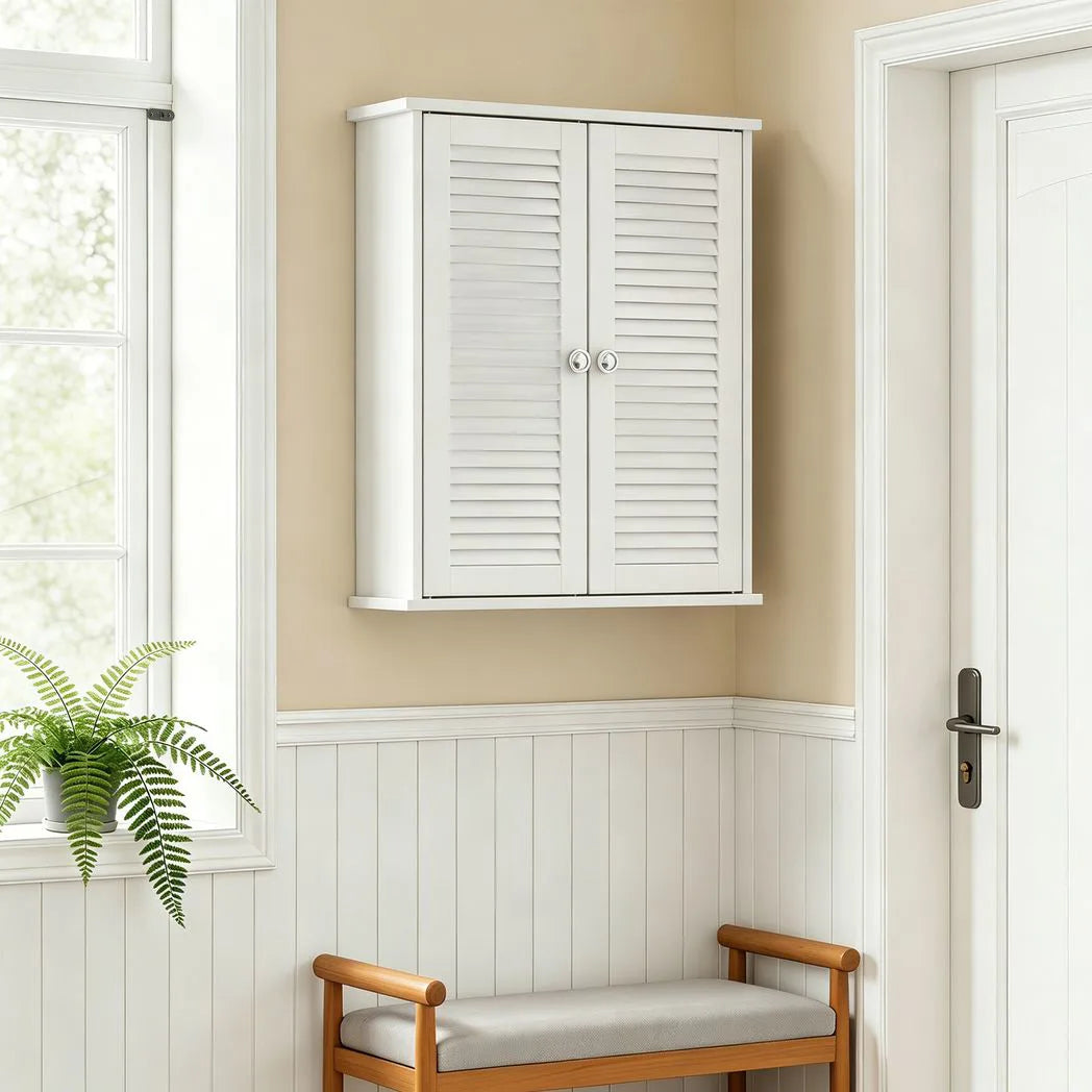 HOMCOM Wall Mounted Bathroom Cabinet with Louvred Doors and Adjustable Shelf – Storage Cupboard, White