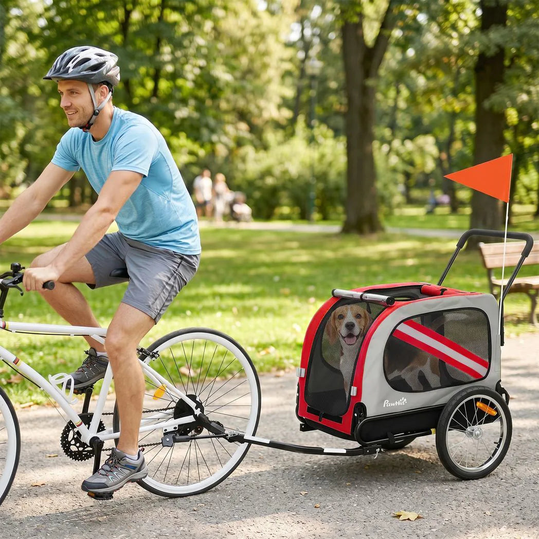 PawHut 2-in-1 Dog Bike Trailer and Pet Stroller with Reflectors & Flag – Foldable Pet Carrier, Red