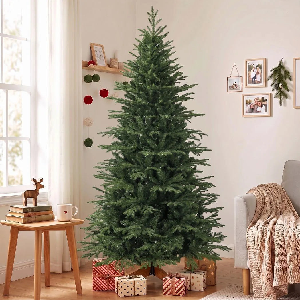 HOMCOM 7ft Hinged Artificial Christmas Tree with 2719 PE and PVC Tips and Solid Pine Wood Stand, Green