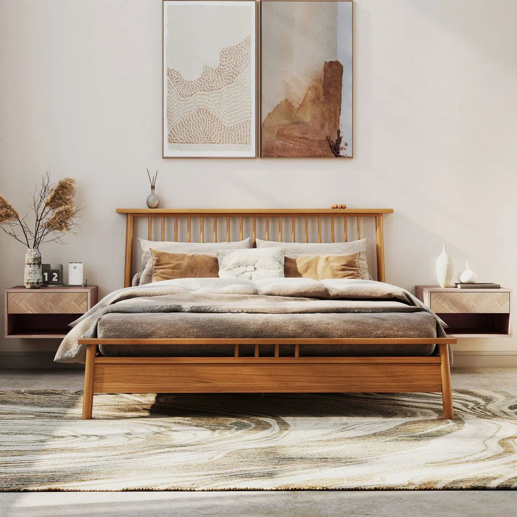 HOMCOM Set of 2 Floating Bedside Tables with Drawer and Open Shelf – Natural Wood Finish