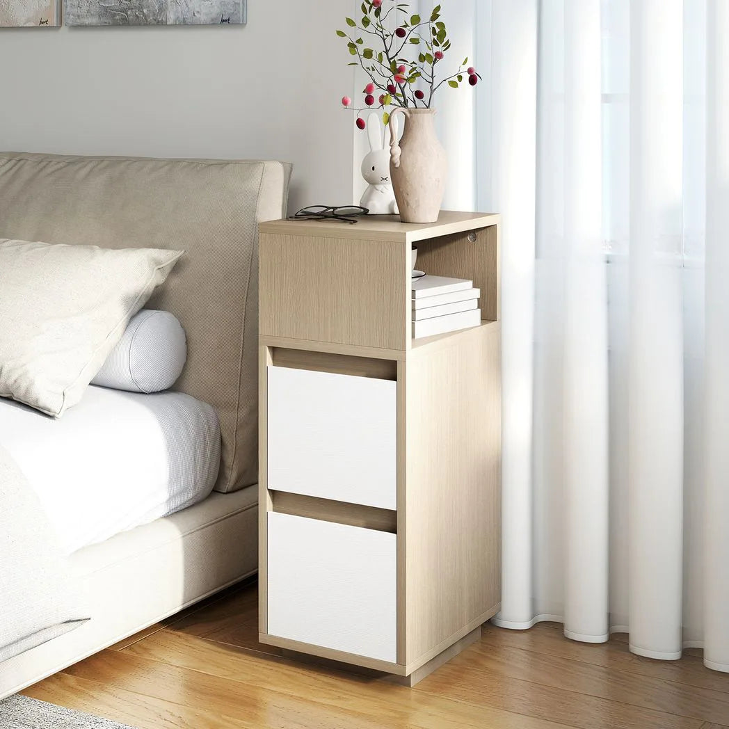 HOMCOM Slim Bedside Table with Open Shelf and 2 Drawers – Narrow Cabinet for Small Bedrooms, Natural Wood