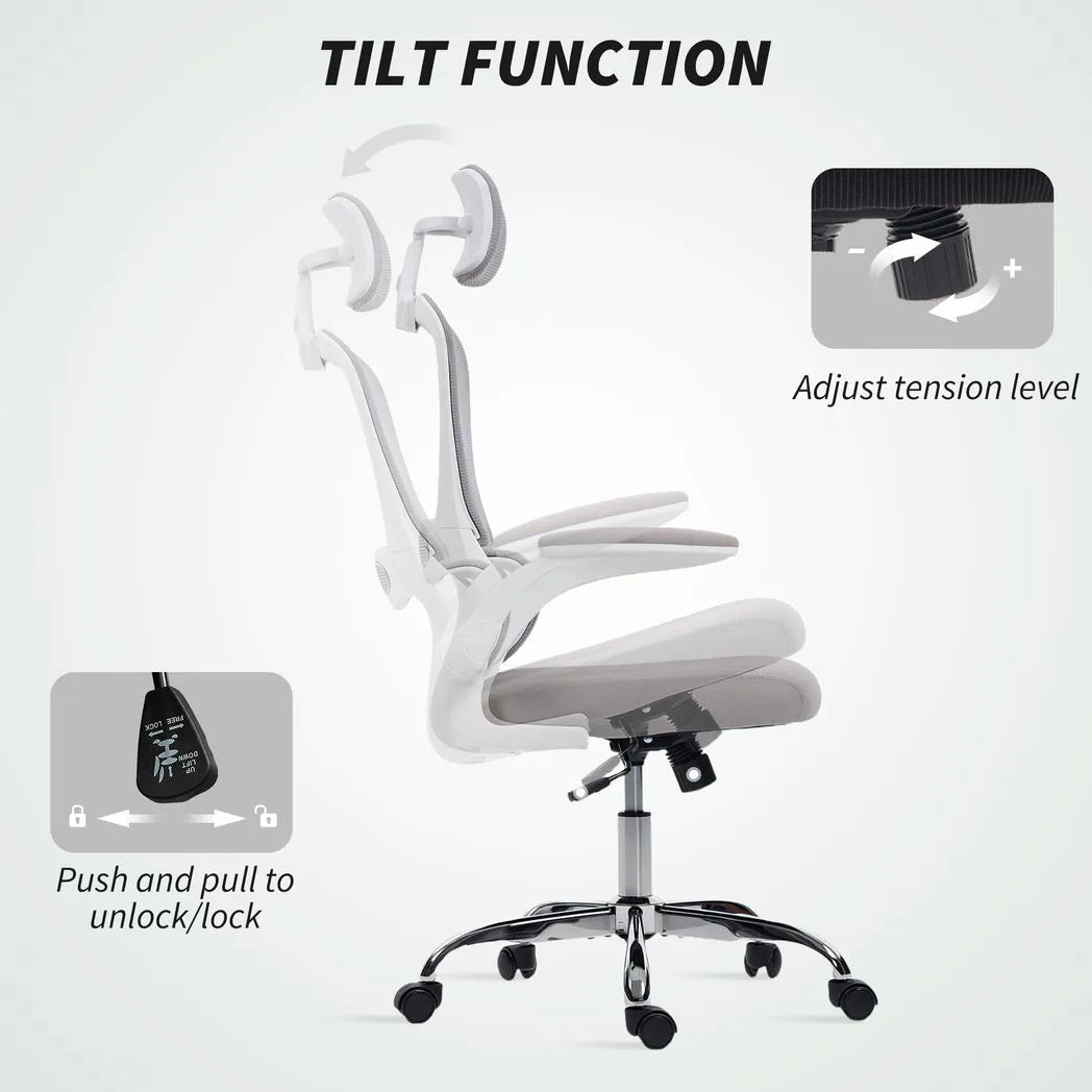 HOMCOM Mesh Back Office Chair with Lumbar Support, Headrest & Flip-Up Armrests – Ergonomic Desk Chair, Grey