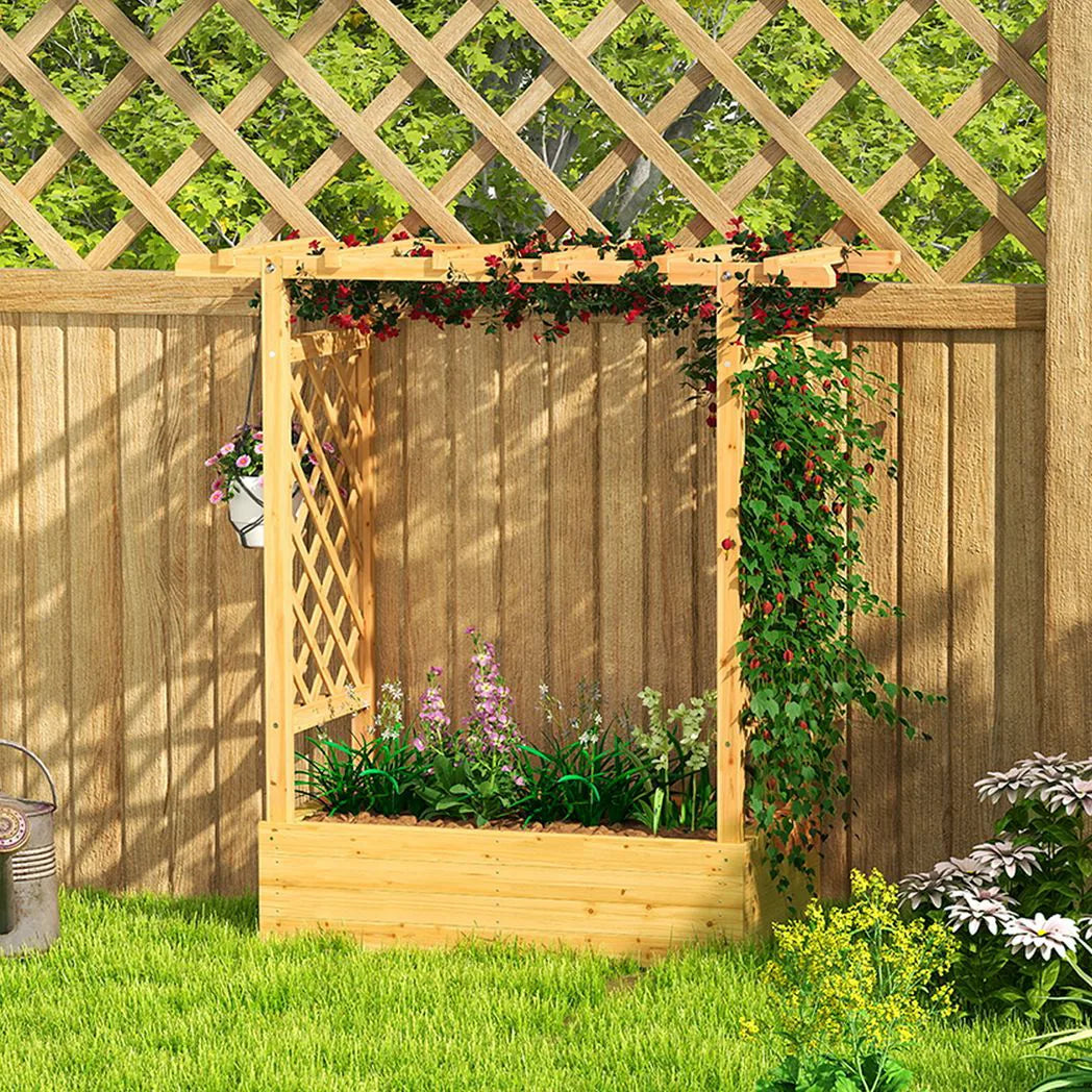 Outsunny Wooden Garden Planter with Trellis, Hanging Roof and Drainage Holes – Raised Bed, 110 cm, Natural