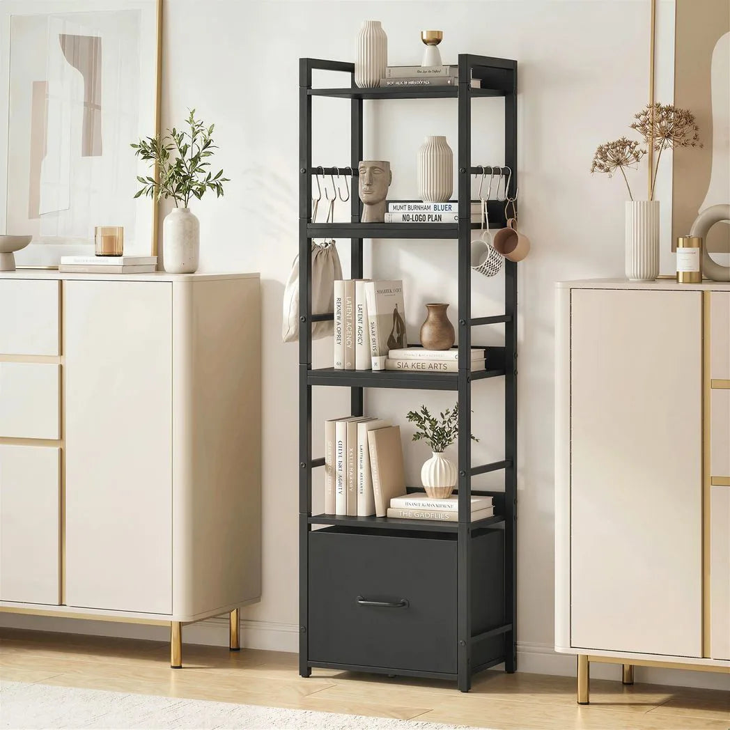 HOMCOM 4-Tier Narrow Bookshelf with Drawer, 8 Hooks and Metal Frame – Slim Bookcase, Black