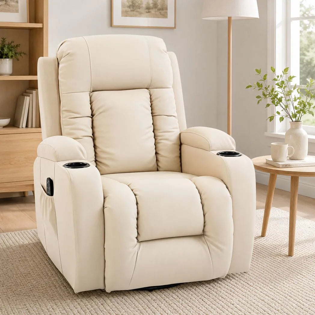 HOMCOM PU Leather Massage Recliner with Extended Footrest, Cup Holders and Side Pockets – Swivel Rocker, Cream