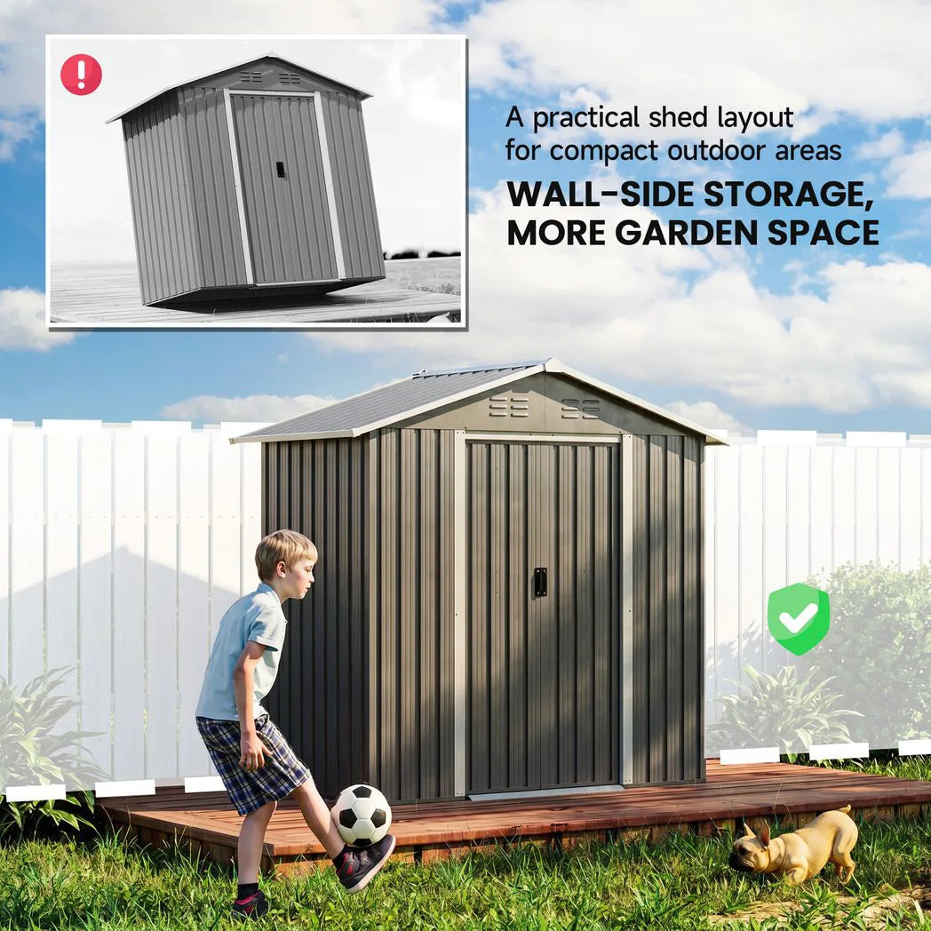 Outsunny 6.5 x 3.5ft Galvanised Metal Garden Shed with Double Doors and Vents, Light Grey