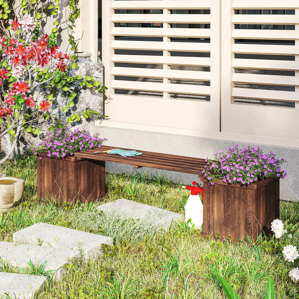 Outsunny Wooden Planter & Bench Combination with Raised Beds, Carbonised Finish – Patio Seating, 176cm
