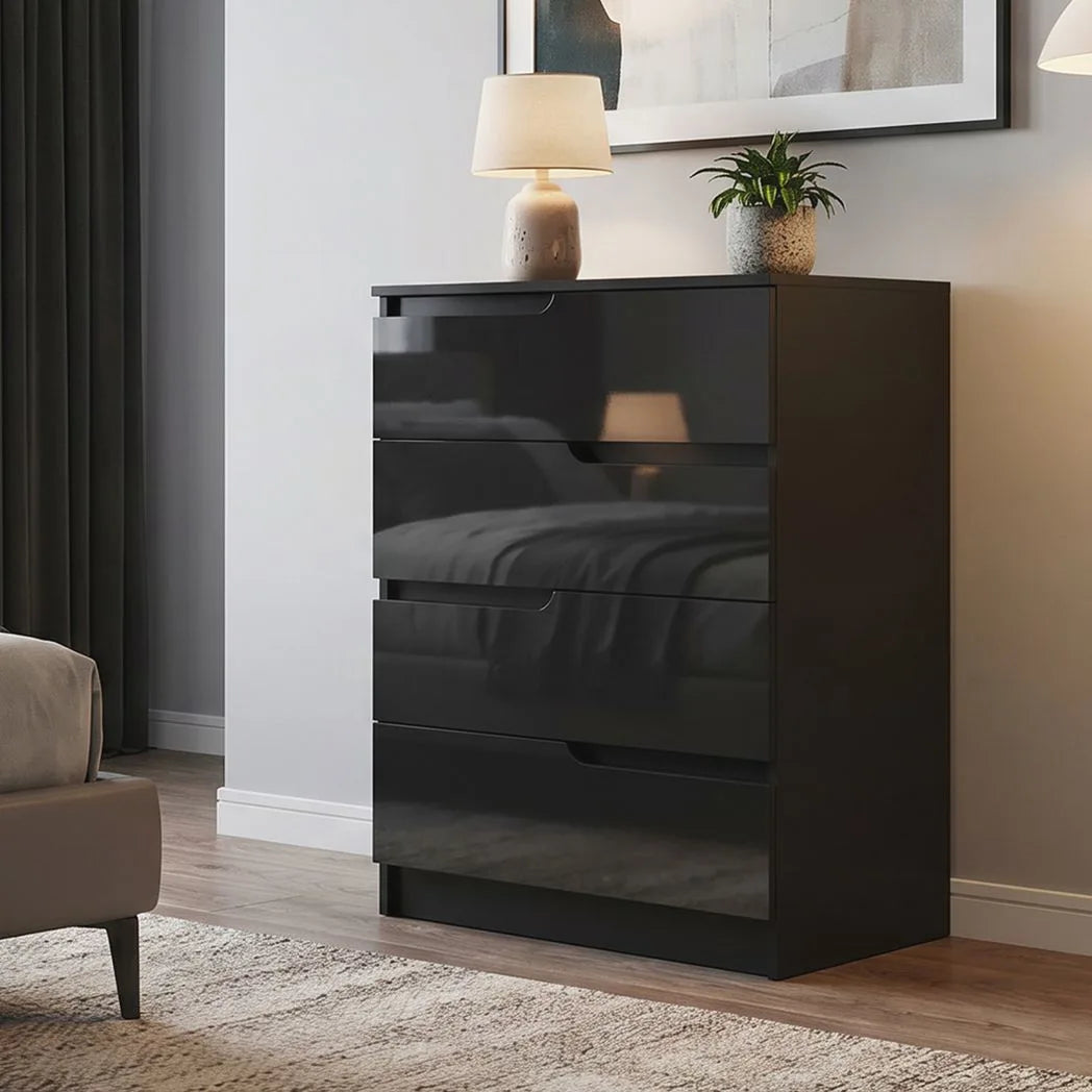 HOMCOM Four-Drawer Chest of Drawers with High Gloss Fronts and Hidden Handles – Bedroom Storage Dresser, Black