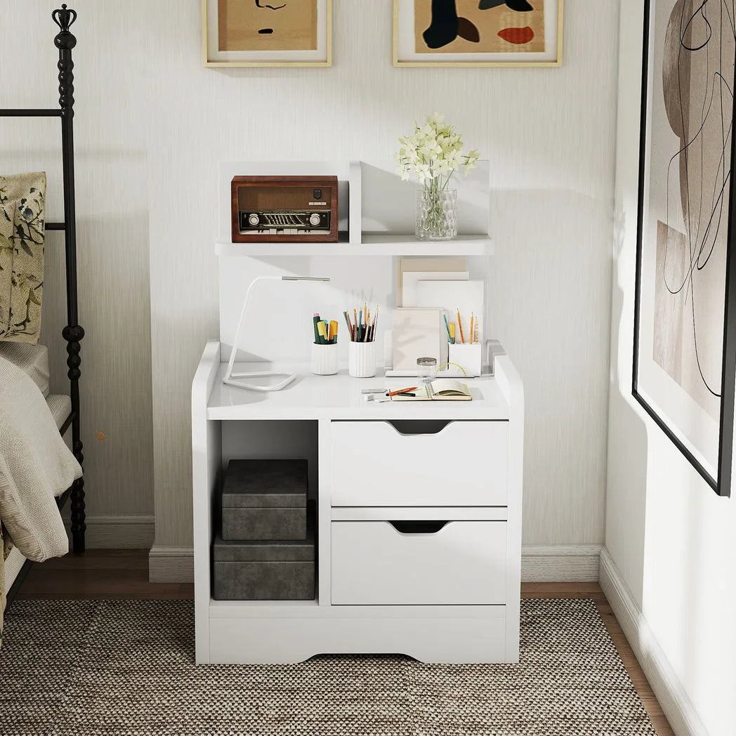 HOMCOM Bedside Table with 2 Drawers and Open Shelves – Cut-Out Handles, High Gloss White Nightstand