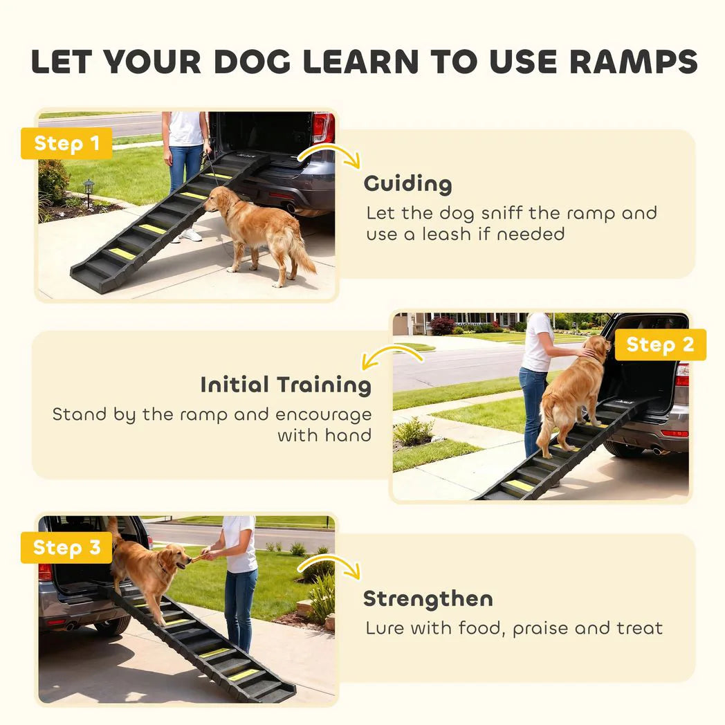 PawHut Folding Dog Car Ramp with 10 Anti-Slip Steps, 154cm – Pet Stairs for Cars, Trucks & High Beds, Black