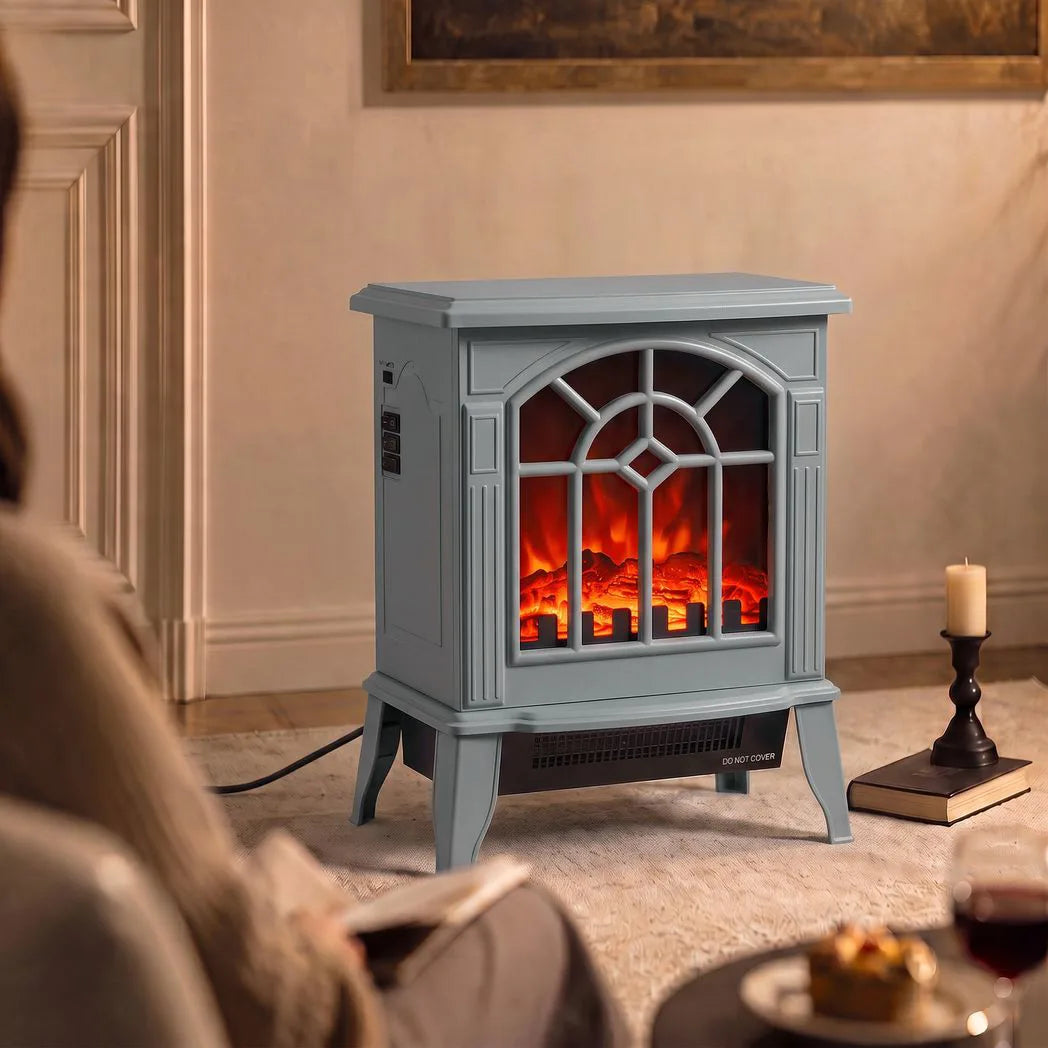 HOMCOM Freestanding Electric Log Burner with LED Flame Effect, 1000W/2000W, Tip-Over Safety – Grey