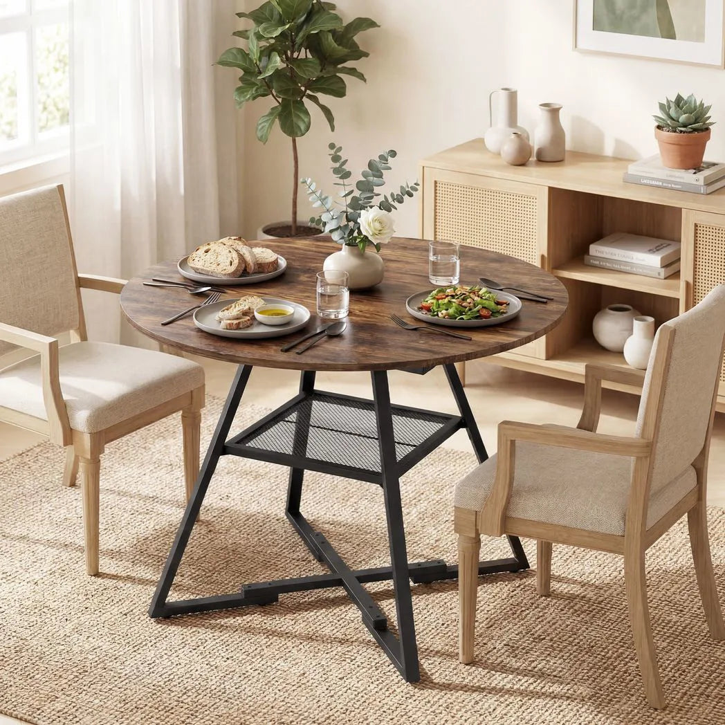 HOMCOM Round Dining Table for 4 with Storage Shelf, 100 cm Industrial Kitchen Table – Metal Z-Legs, Rustic Brown