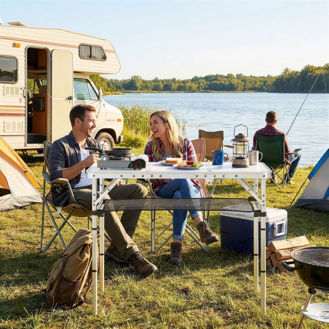 Outsunny 3ft Folding Camping Table with Mesh Storage Layer & Carry Bag – Portable Picnic Table, Cream White