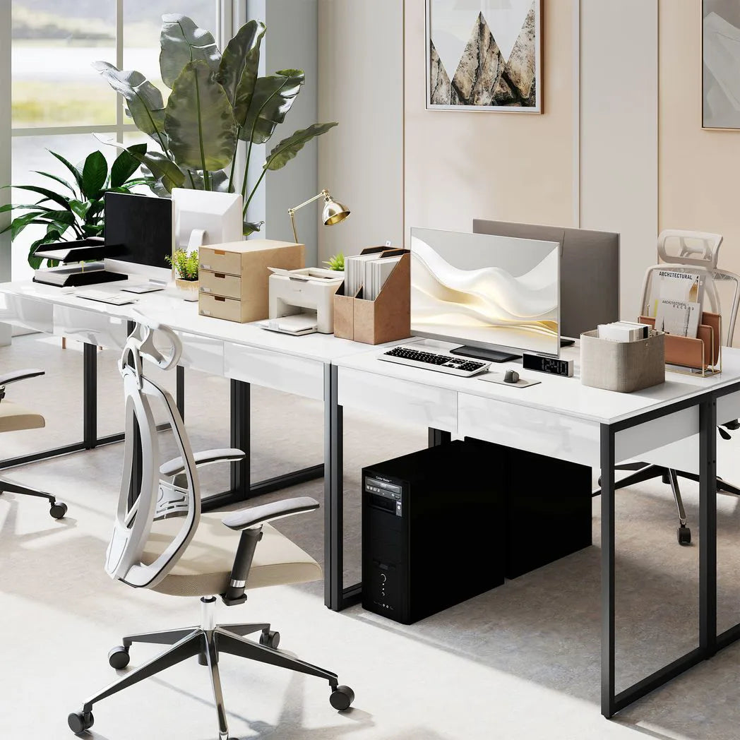 HOMCOM High Gloss Work Table with Two Handleless Drawers and Steel Frame – Home Office Desk, White