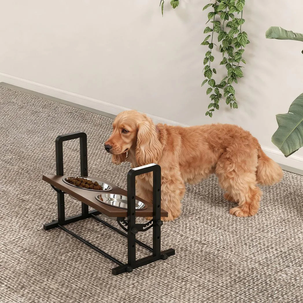 PawHut Raised Dog Bowls with Stand, 4 Adjustable Heights & 3 Angles, 2 x 1.2L Stainless Steel Feeder, Brown