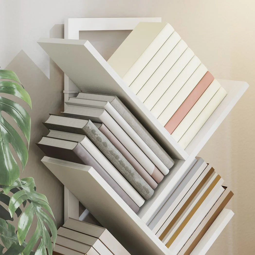 HOMCOM 9-Tier Tree Bookshelf with Steel Frame – Industrial Free Standing Bookcase for Books & Display, White