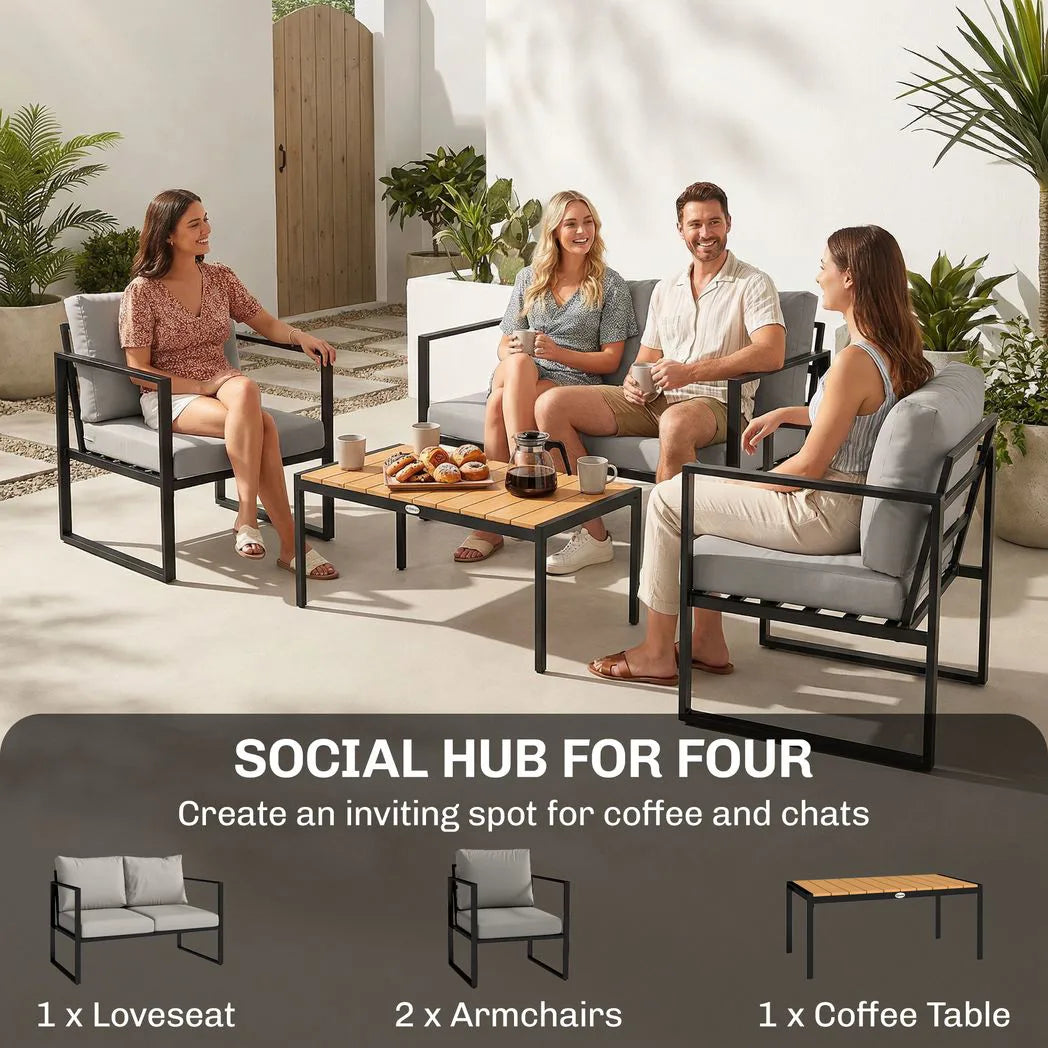 Outsunny 4 Piece Garden Furniture Set with Loveseat, 2 Armchairs and Slatted Coffee Table – Cushioned Patio Set