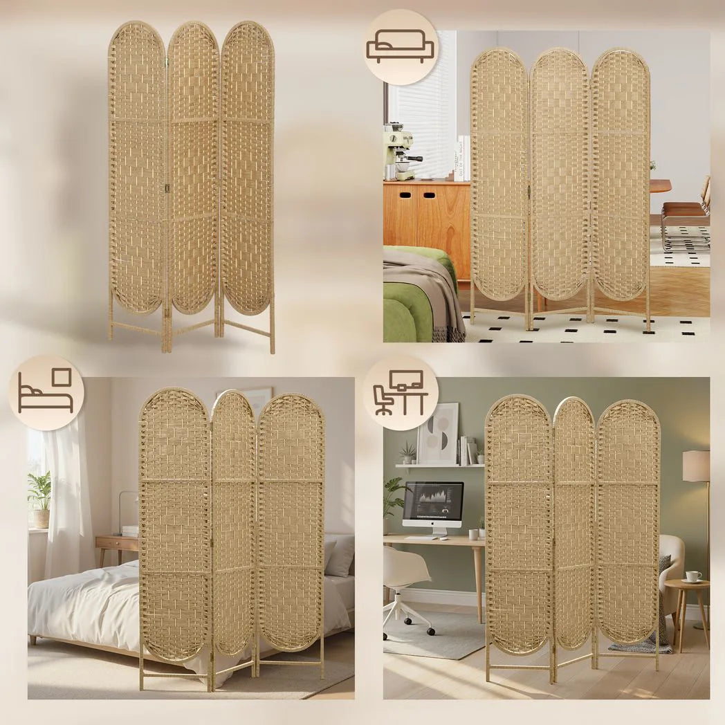 HOMCOM 3-Panel Folding Room Divider, 170cm Privacy Screen with Woven Paper Rope Panels – Natural Wood