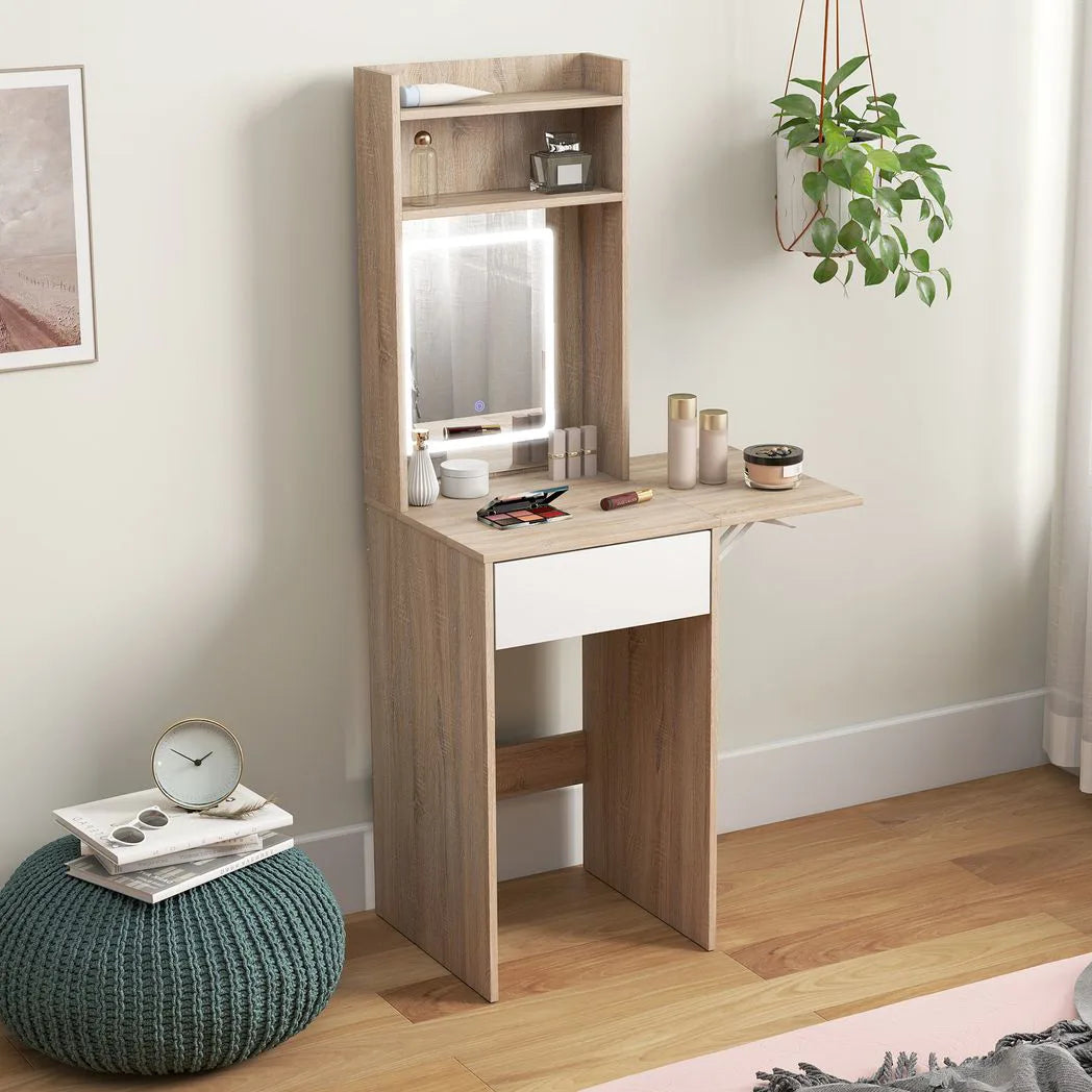 HOMCOM Small Vanity Desk with LED Mirror, Drop Leaf & Open Shelves – Compact Dressing Table, Natural Wood