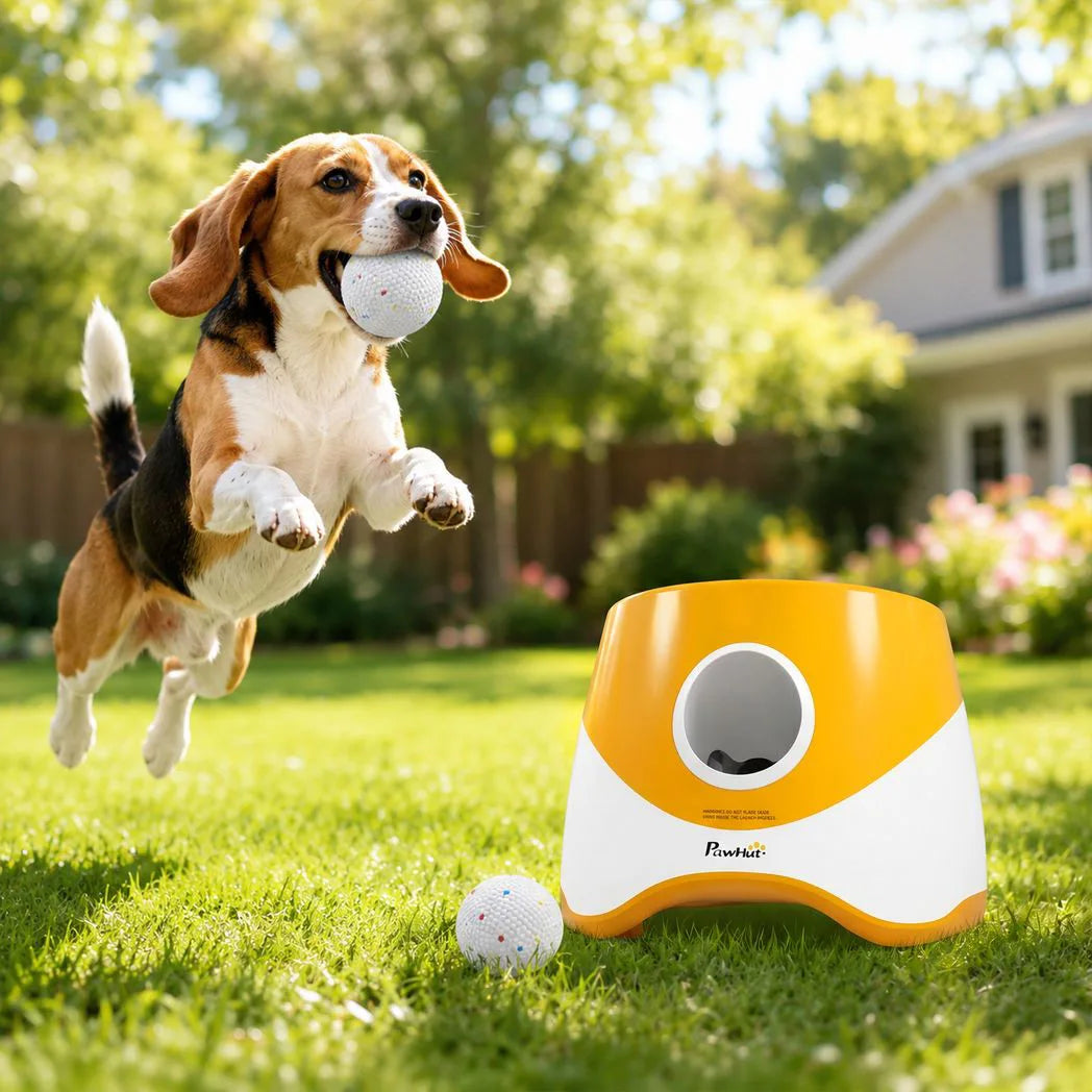 PawHut Automatic Dog Ball Launcher with 5 ETPU Balls, 6/10/14m Settings – Rechargeable Fetch Toy, Orange