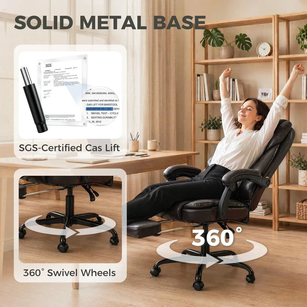 HOMCOM Executive Office Chair with 90–135° Recline, Retractable Footrest & High Back, Brown