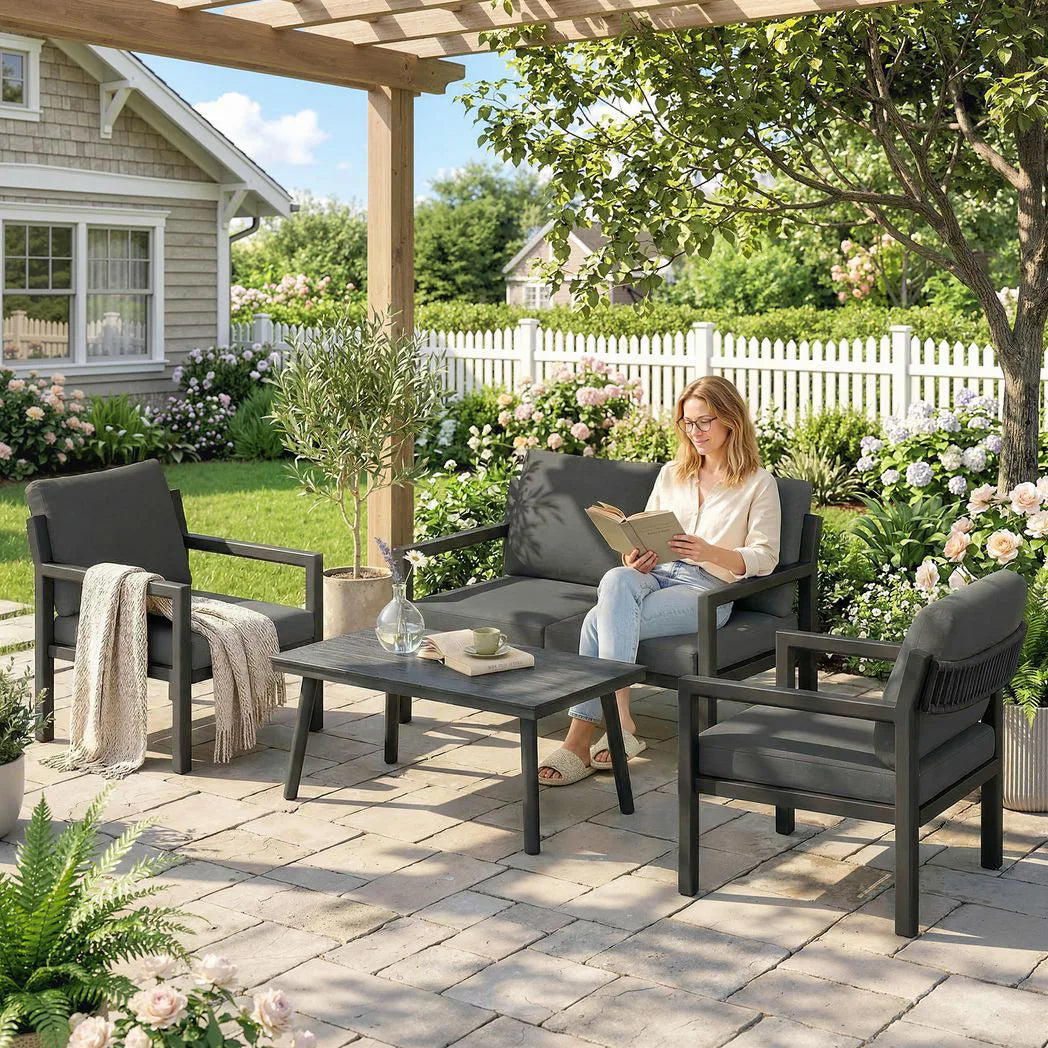 Outsunny 4 Seater Rattan Garden Set with 2 Armchairs, Loveseat, Coffee Table and Cushions – Dark Grey