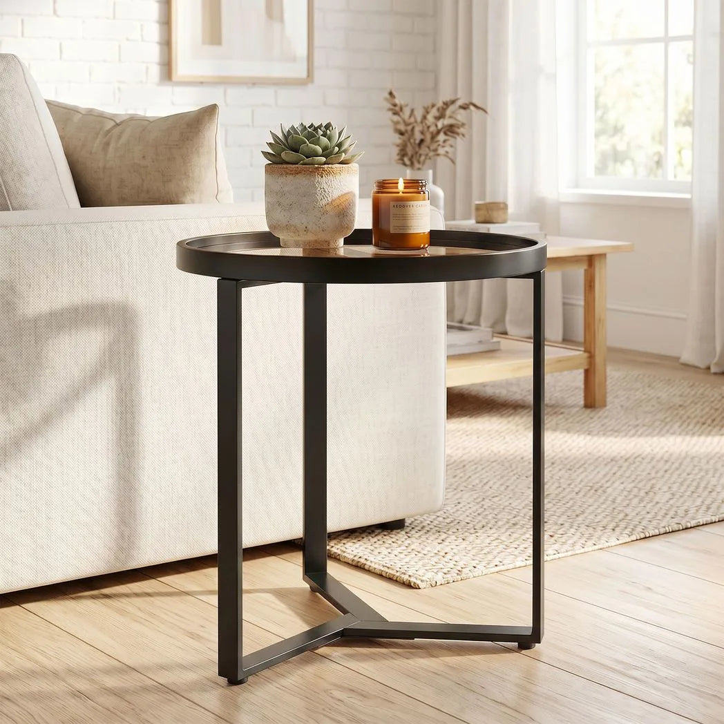 HOMCOM Round Side Table with Tempered Glass Top and Geometric Metal Frame – Compact End Table, Black