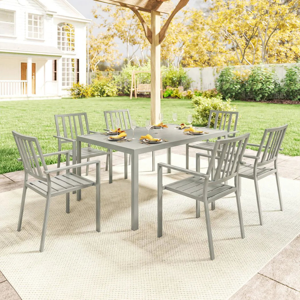 Outsunny 7 Piece Garden Dining Set – 152cm Steel Table with Parasol Hole and 6 Stackable Armchairs, Light Grey