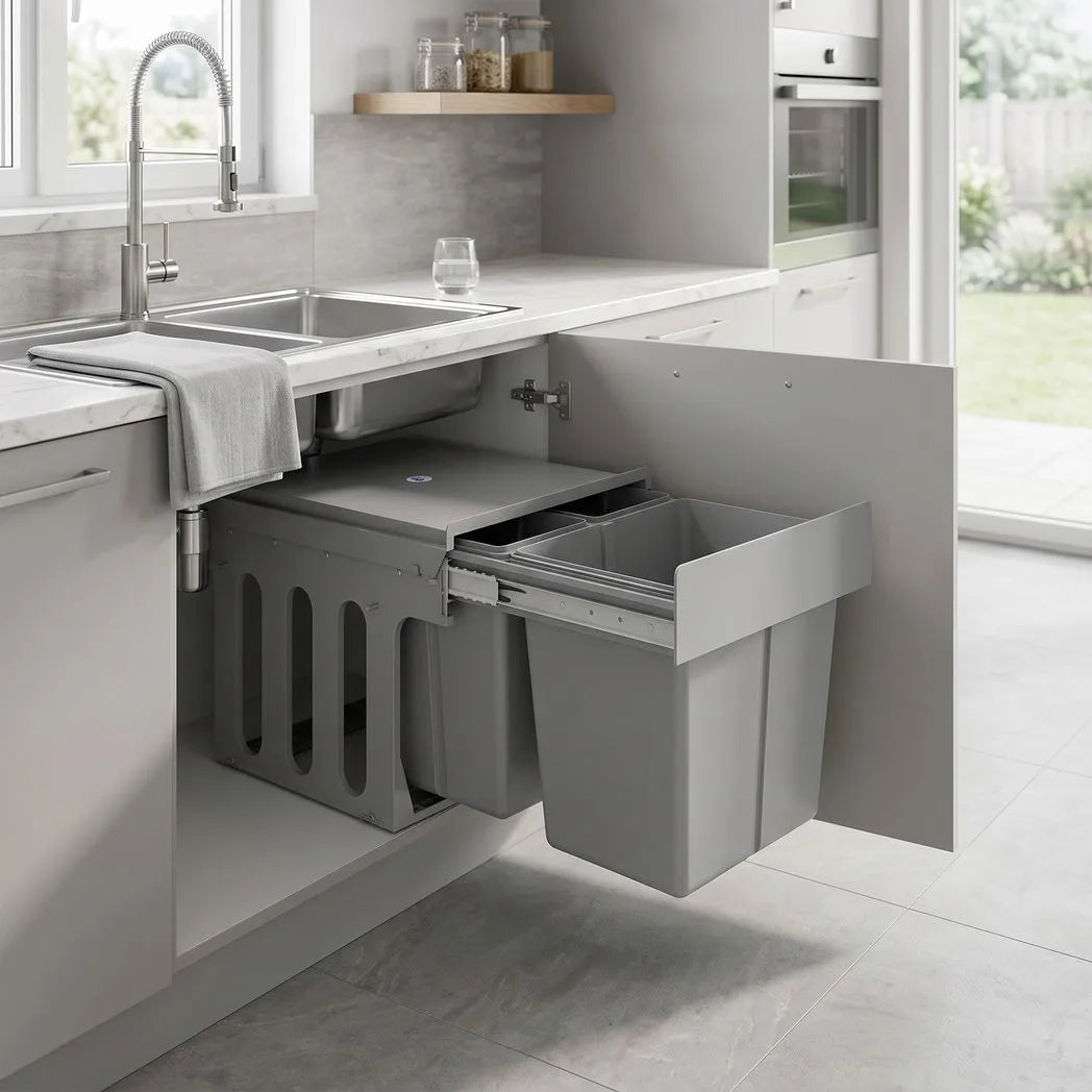 HOMCOM Under Sink Pull Out Bin with 3 Removable Compartments (15L + 2 x 8L) – Soft-Close, Light Grey