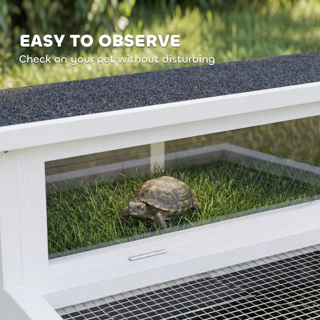 PawHut Wooden Tortoise House with Run, Observation Window and Top Opening – Outdoor Small Pet Enclosure