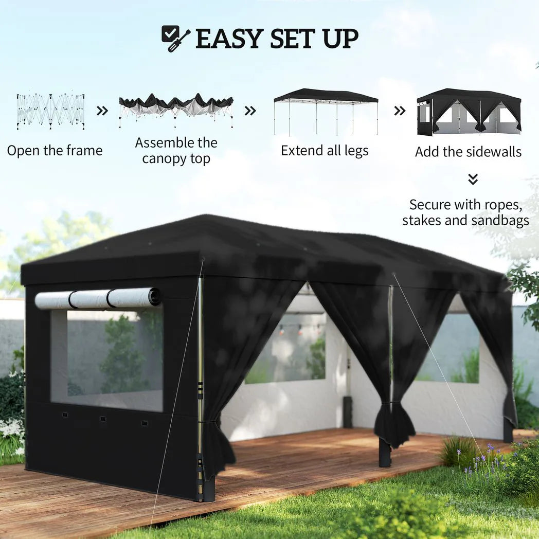 Outsunny 3 x 6m Pop Up Gazebo with 6 Sidewalls and Wheeled Bag, UPF 50, Black