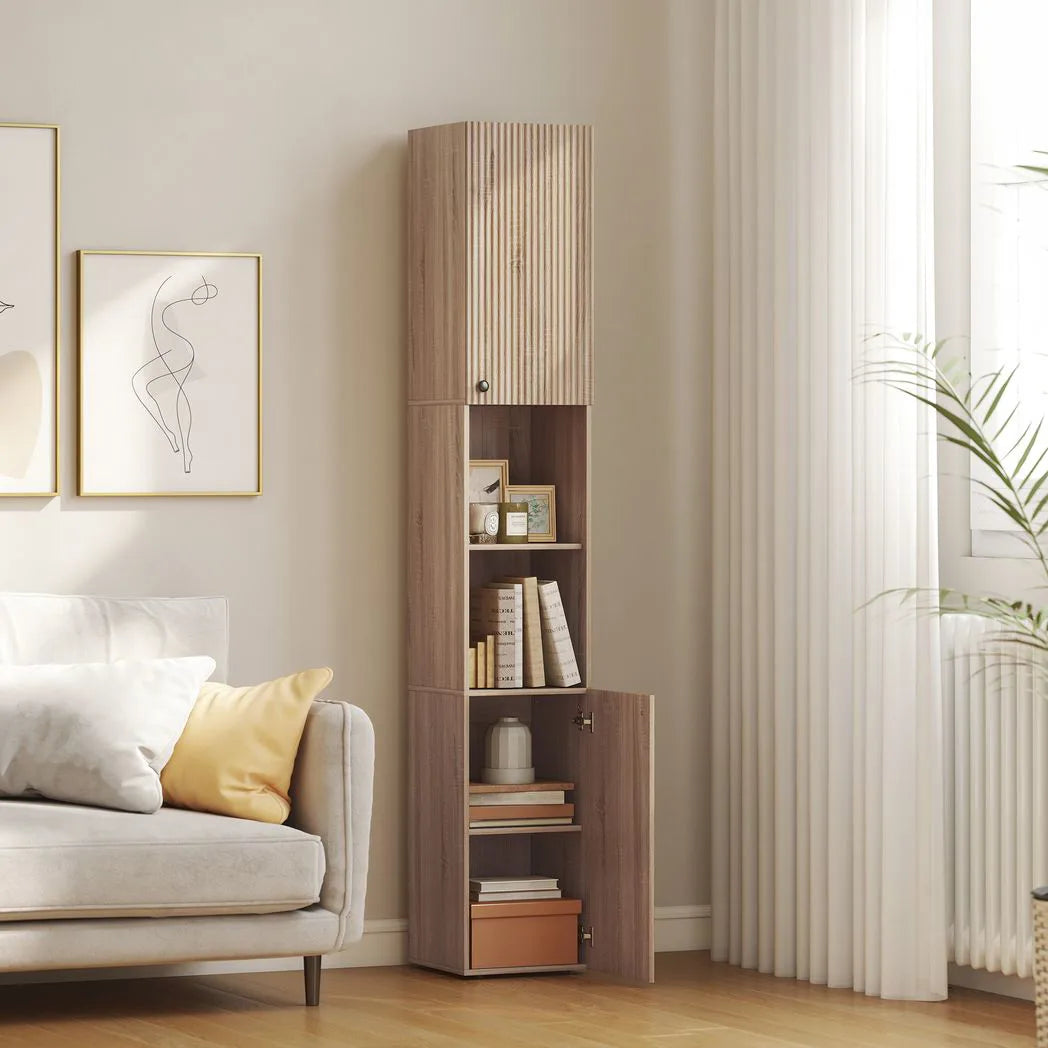 HOMCOM 6-Tier Tall Bathroom Cabinet with Fluted Doors & Adjustable Shelves – Slim Nordic Storage, Natural