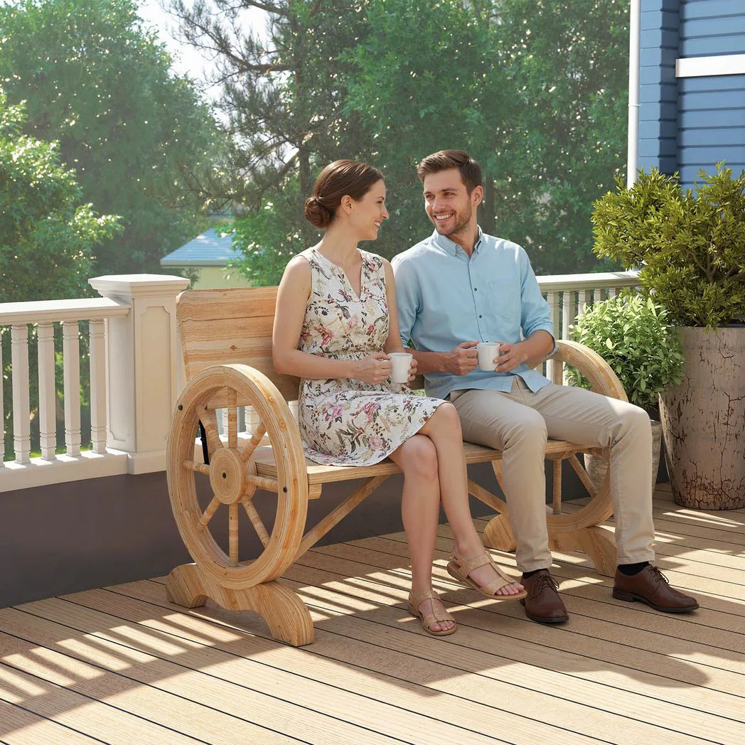 Outsunny 2-Seater Wagon Wheel Garden Bench, Fir Wood, Natural Finish