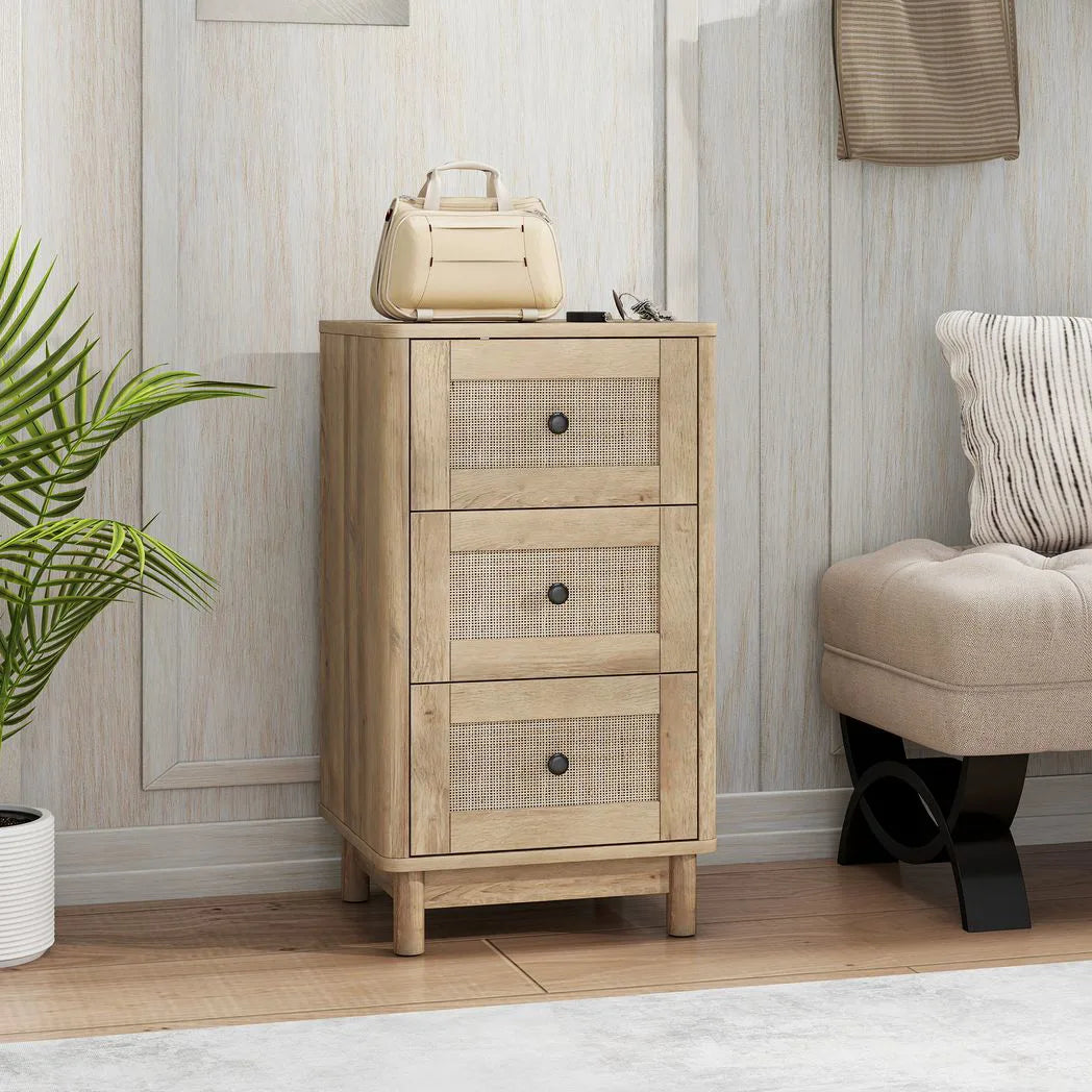 HOMCOM 3 Drawer Chest of Drawers, 40cm Bohemian Rattan Bedroom Dresser with Anti-Tip Kit – Oak