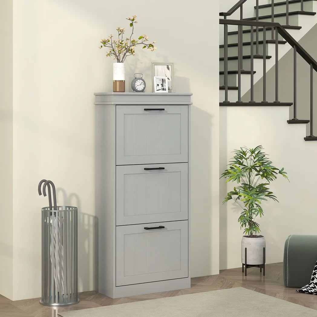 HOMCOM Slim Shoe Cabinet with 3 Flip Drawers, Holds 15 Pairs, 117.5 x 54 x 24 cm – Grey