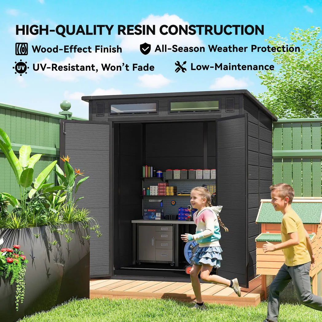 Outsunny 6 x 6ft Wood-Effect Plastic Garden Shed with Floor, Windows & Lockable Doors – Outdoor Storage, Dark Grey