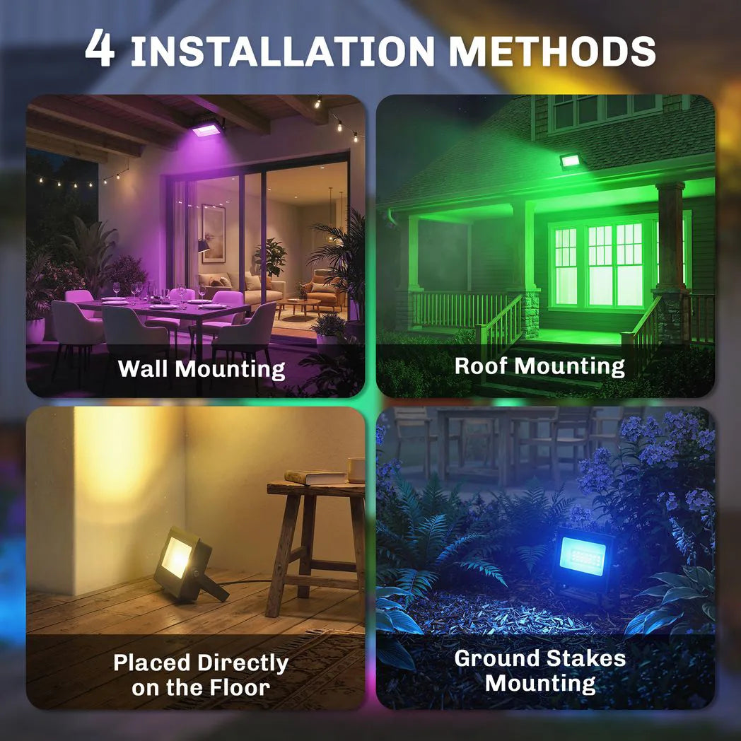 Outsunny 32W RGB LED Garden Floodlights, 4-Pack – Linkable Spotlights with Remote and Timer, IP65, UK Plug, Black