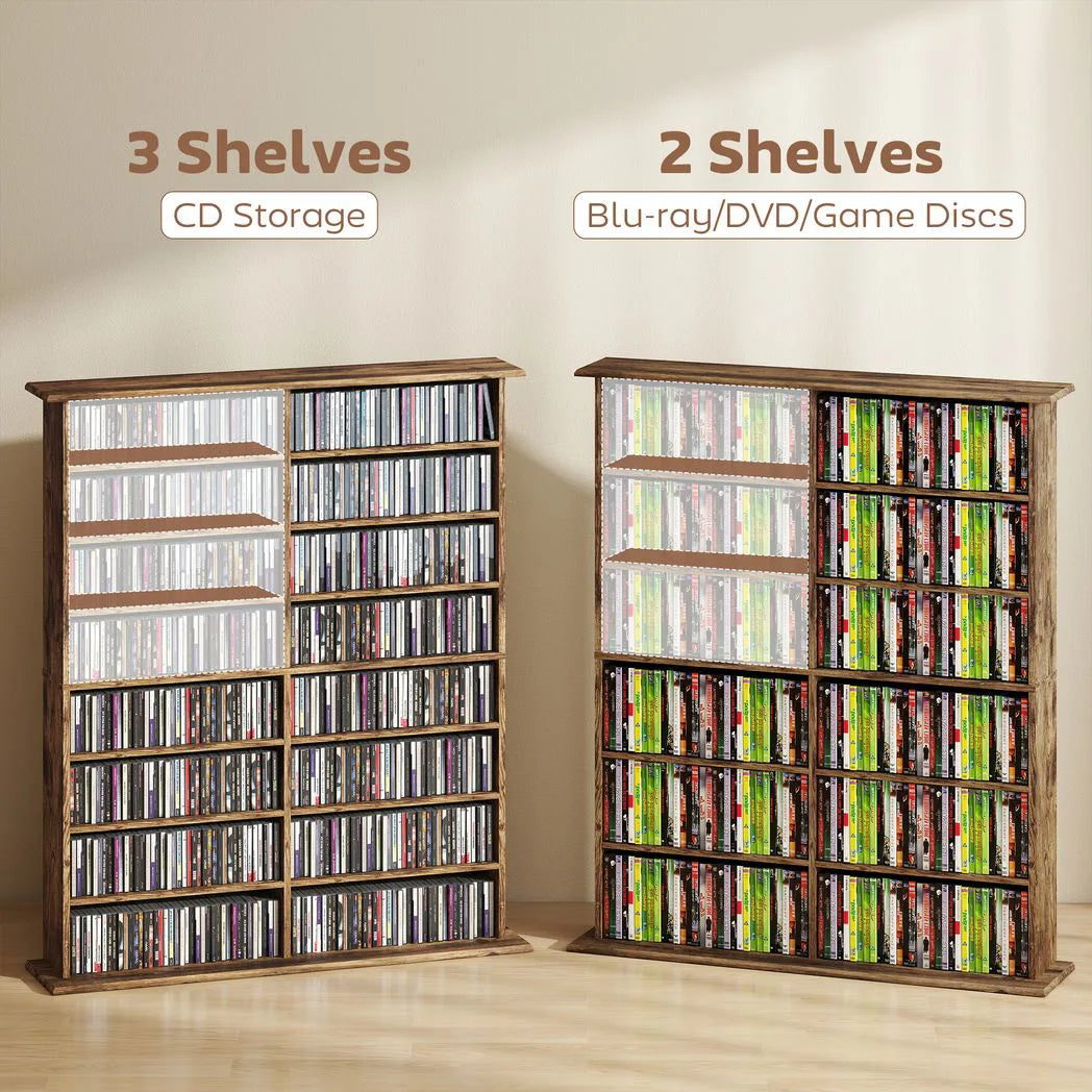 HOMCOM 16-Compartment Media Shelf for 720 CDs with 12 Adjustable Shelves – Anti-Tipping Straps, Rustic Brown