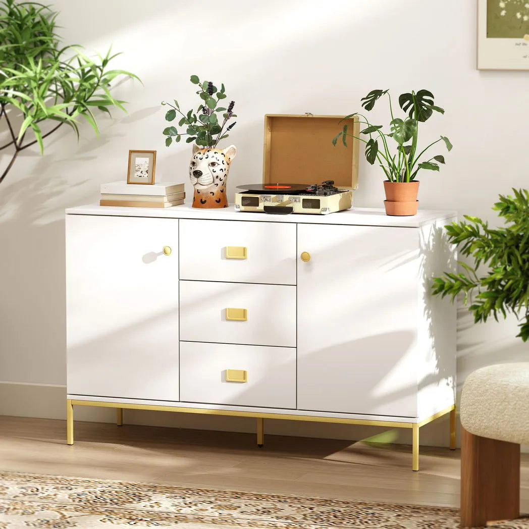 HOMCOM Modern White and Gold Sideboard with 2 Cupboards and 3 Drawers – Dining Room, Kitchen Storage Cabinet