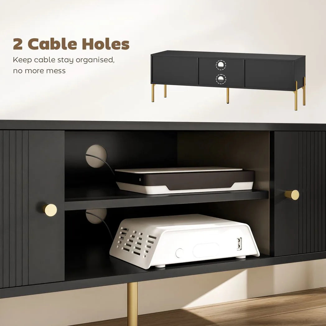 HOMCOM TV Stand for TVs up to 65" with 2 Open Shelves, 2 Cabinets and Gold Steel Legs – Black