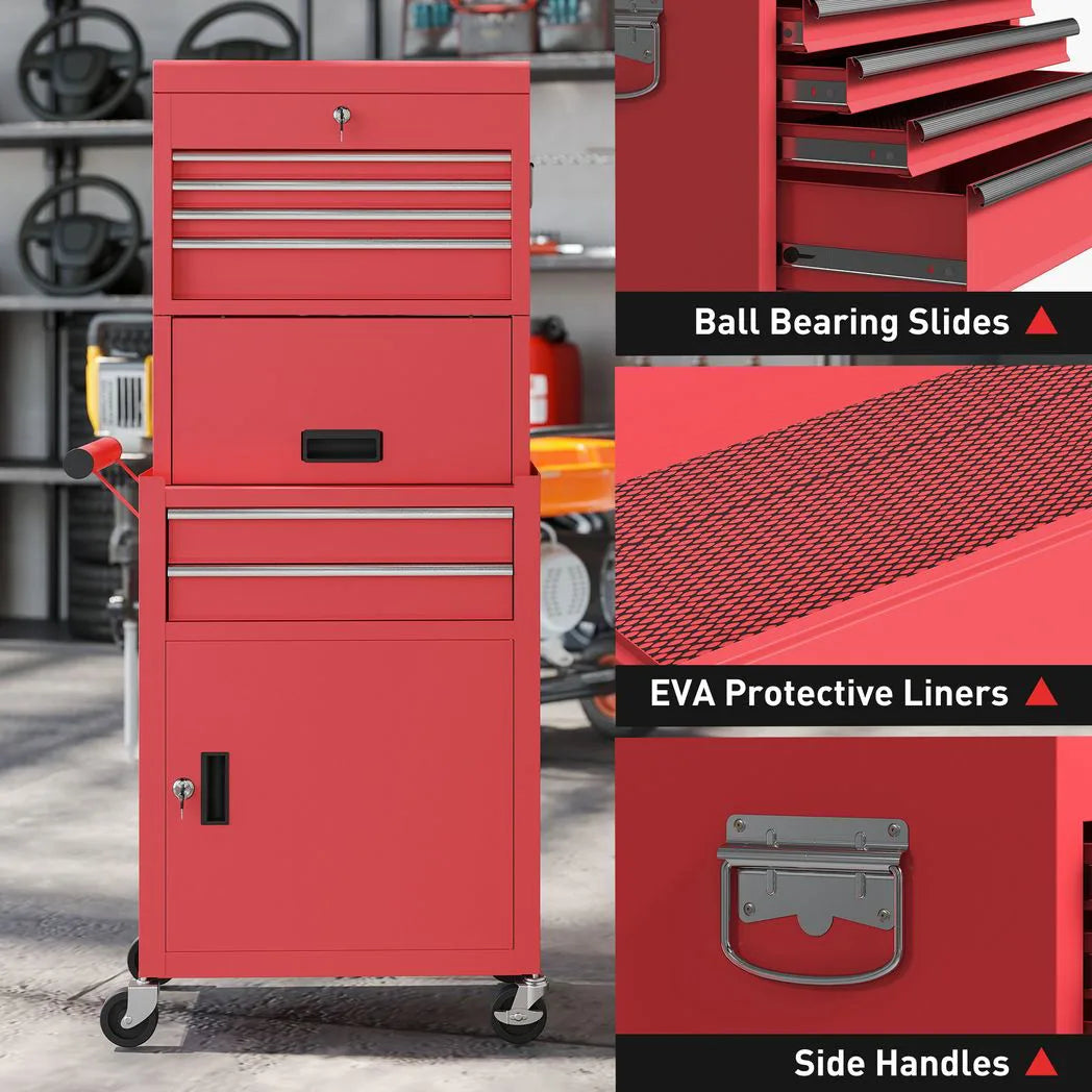 HOMCOM Three-Part Steel Locking Tool Chest with Wheels, 6 Drawers and Side Pegboard – Garage Storage, Red