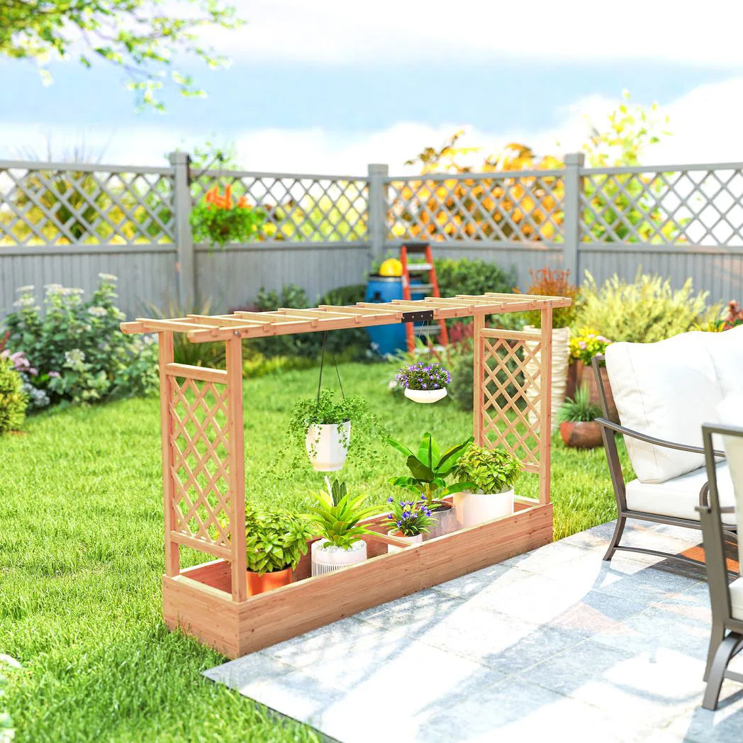 Outsunny Wooden Raised Planter with Trellis, Hanging Roof and 8 Drainage Holes – Fir Wood Garden Bed