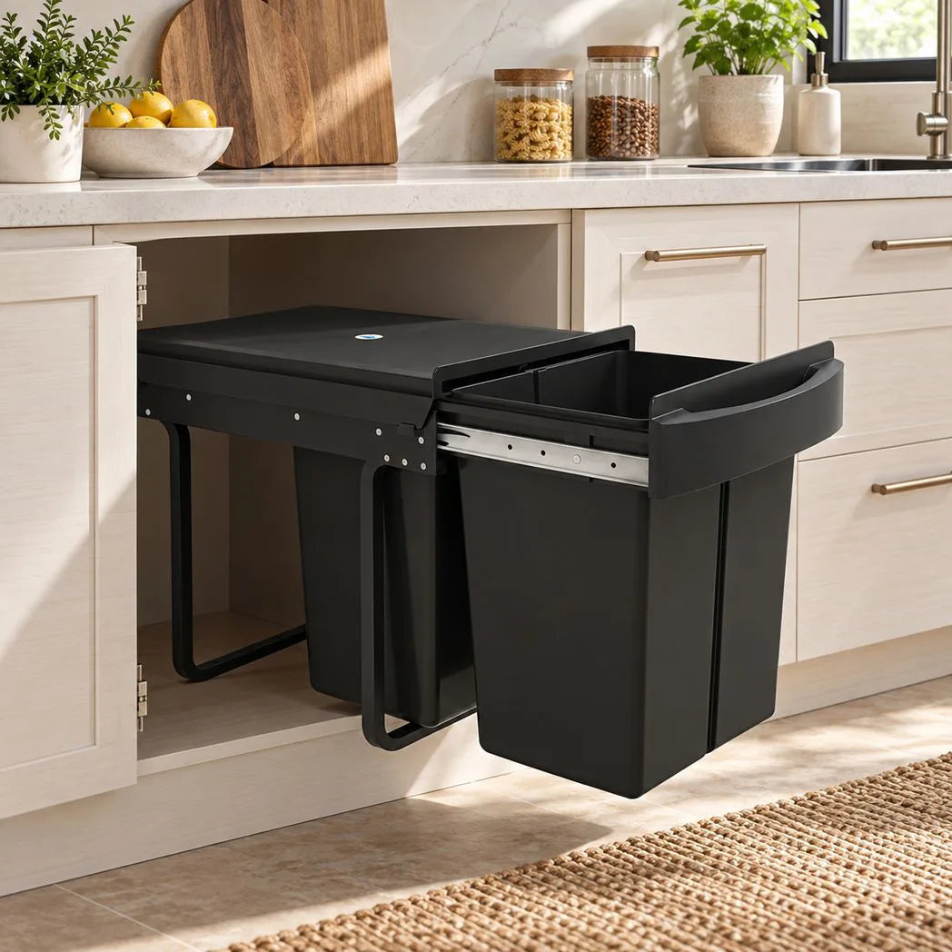 HOMCOM Pull Out Bin with 2 x 20L Removable Compartments – Under Sink Kitchen Waste and Recycling Bin, Black