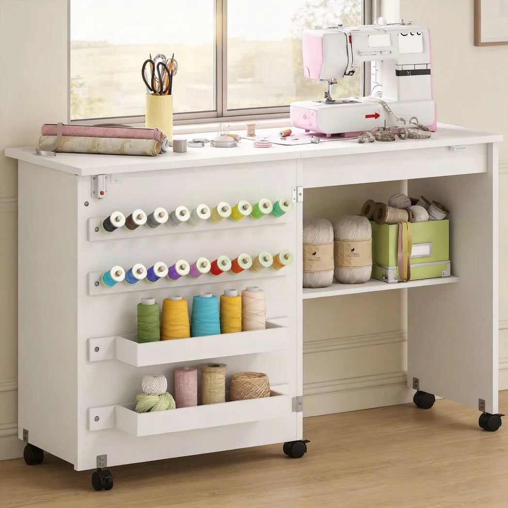 HOMCOM Folding Sewing Table with Storage, Shelf and Lockable Casters – Rolling Craft Table for Small Spaces, White