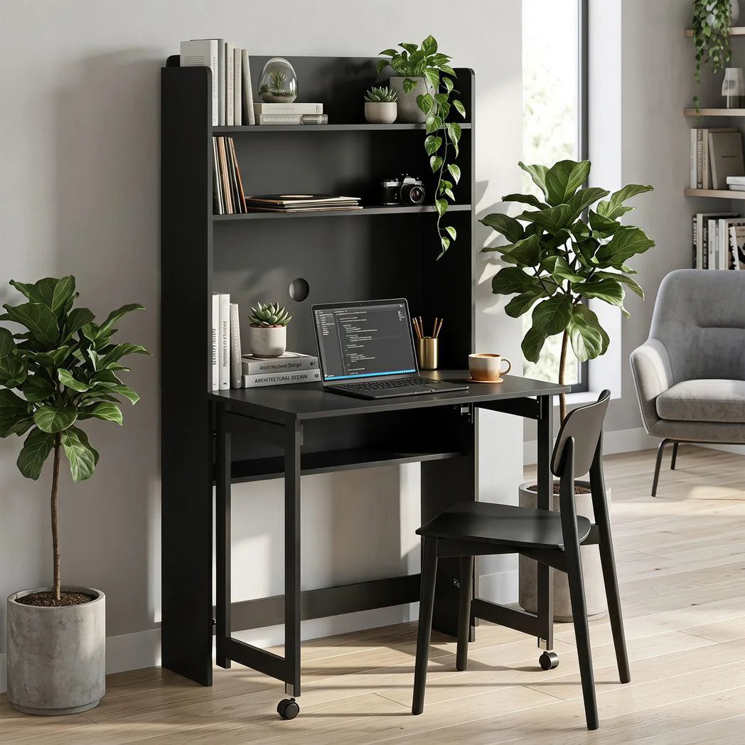 HOMCOM Foldable Computer Desk with 4 Storage Shelves and Wheels – Space-Saving Home Office Workstation, Black