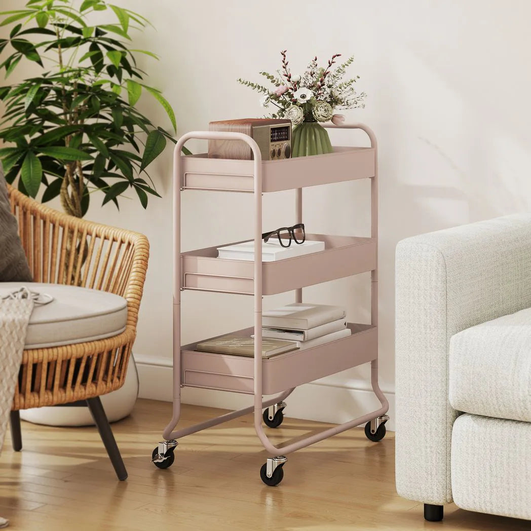 HOMCOM 3-Tier Storage Trolley on Wheels with Mesh Baskets – Rolling Utility Cart for Home, Light Pink
